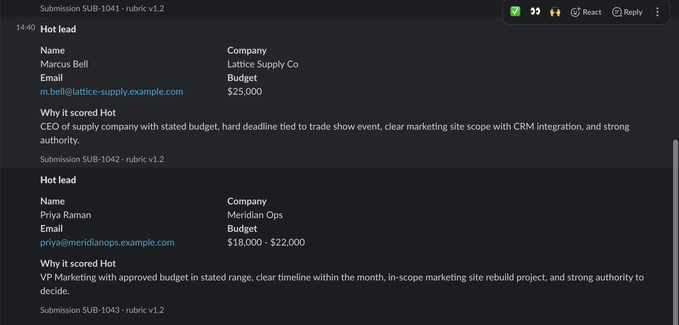 Two Hot lead notifications in a Slack channel, each showing name, company, email, budget and the reason it scored Hot